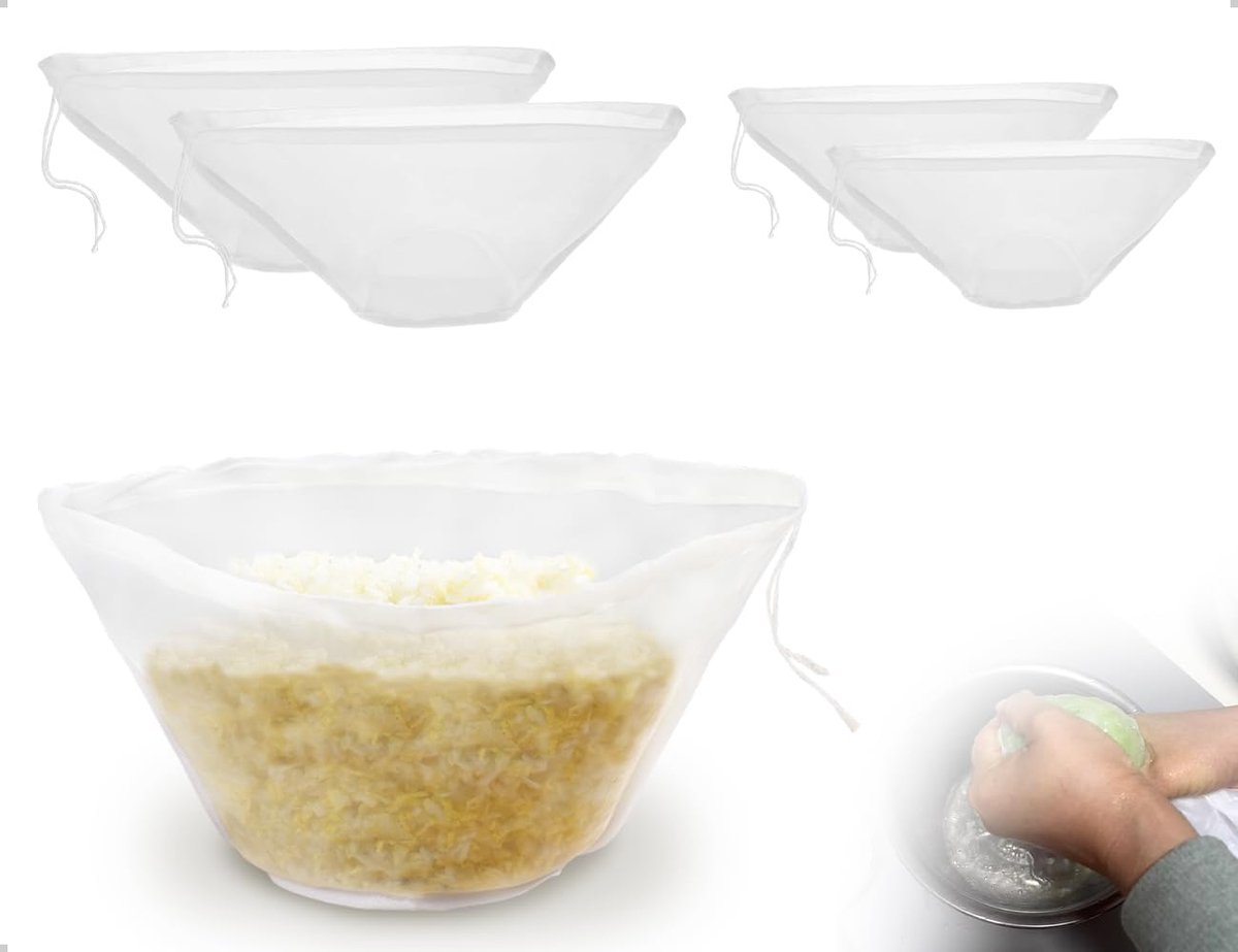 4 stuks, notenmelkzakken, herbruikbaar, fijnmazig filterzak, wasbare nylon filterzak met trekkoord, ideaal voor kaas, koffie en sap (schaalvorm)