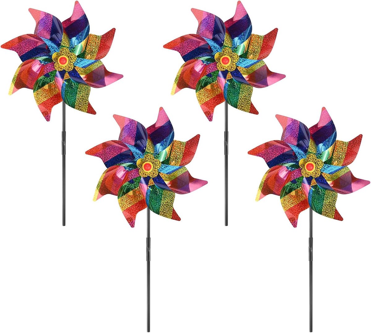 METERXITY 4-pack bloem wind spinner sprankelende gazon pinwheels 20 inch plastic reflecterende pinwheels voor feestdecoraties/tuin/tuin, kleurrijke regenboog tuin windmolen [kleurrijk]