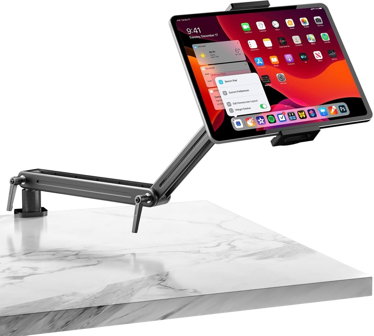 tablethouder met zwenkarm, 360° draaibare metalen basis, flexibele arm, compatibel met iPad Air/Pro/Mini, Samsung Galaxy (15,6 inch)