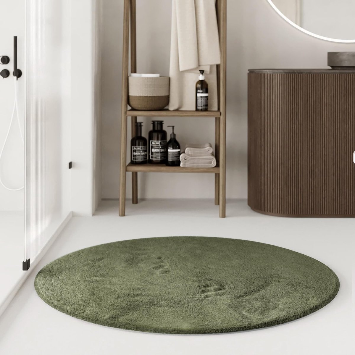 Basics Elegante badmat, antislip, wasbaar en superzacht, ideaal voor een moderne badkamer, Emil (90 cm rond, olijfgroen)