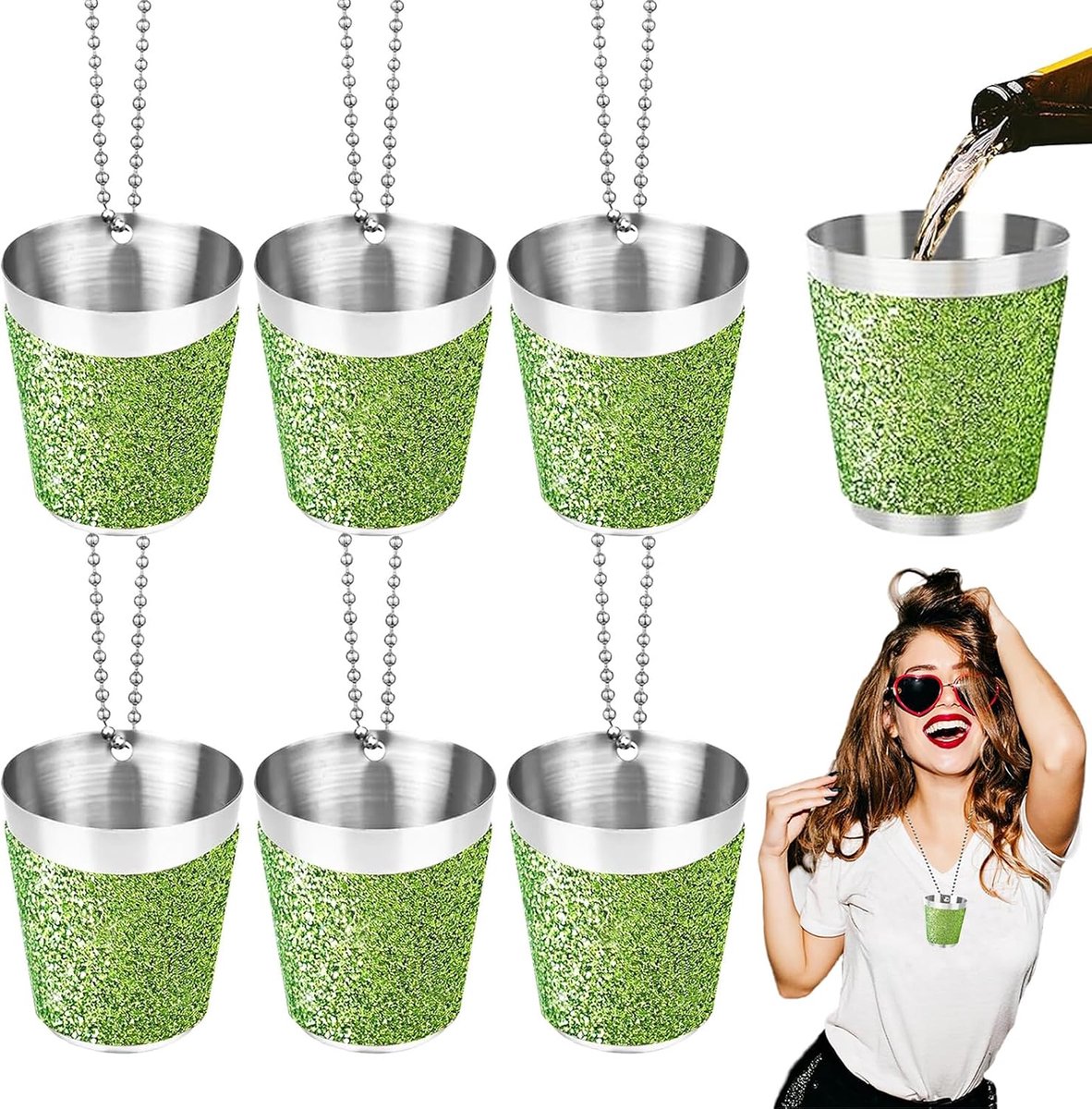 6 Stuks Borrelglaasjes van Roestvrij Staal, Borrelglaasjes 30 ml, Kleine Metalen Bekers, Voor Huwelijksfeesten, Carnavals en Buitenfeesten(4,2 x 3,7 cm, Groen + Zilver)