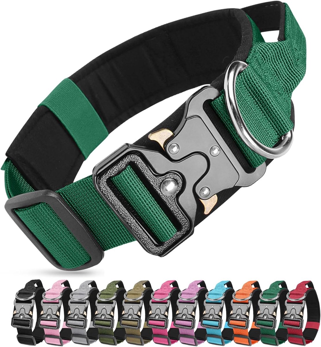 hondenhalsband, militaire halsband, verstelbaar, nylon, met handgreep, gevoerde hondenhalsband met metalen gesp, voor middelgrote en grote honden (donkergroen, L)