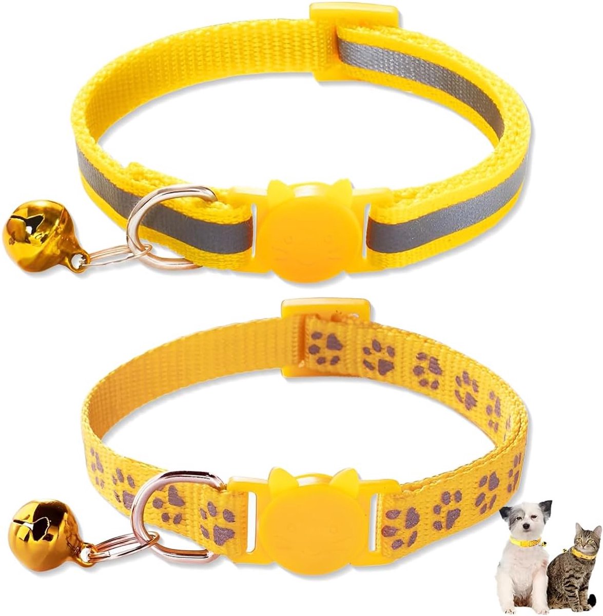 Halsbanden, reflecterende halsband kat met belletjes, ter bescherming tegen letsel 's nachts (geel).