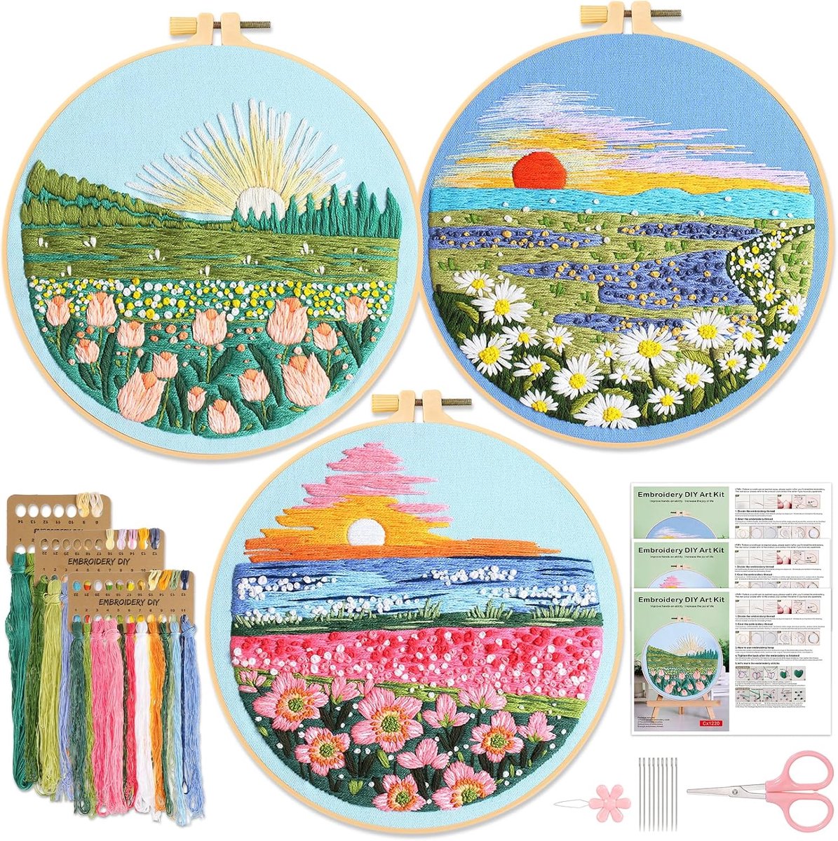 3 sets volledige reeks borduurset voor volwassenen en beginners landschap gestempeld DIY kruissteek starterset handwerk liefhebber borduurwerk handgemaakte oefening steekproef draden naaien met