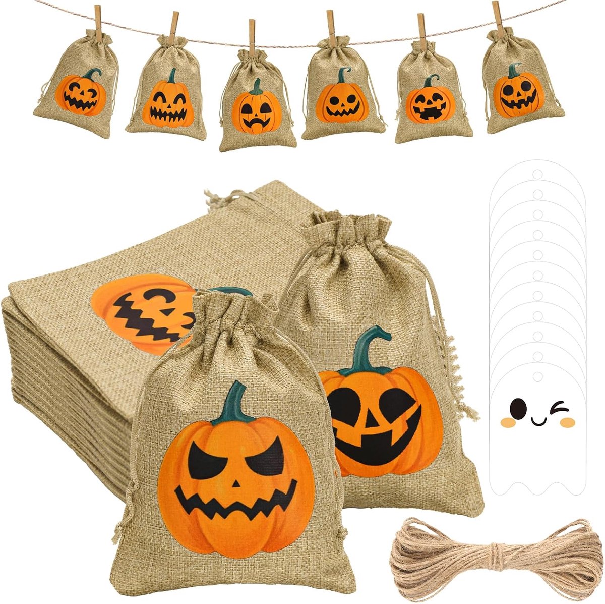 Jute tas voor Halloween: set van 24 geschenkzakjes 13 x 18 cm met 24 spookatiketten en koord jute zakjes voor adventskalender, schoolactiviteiten, trucs of traktatie