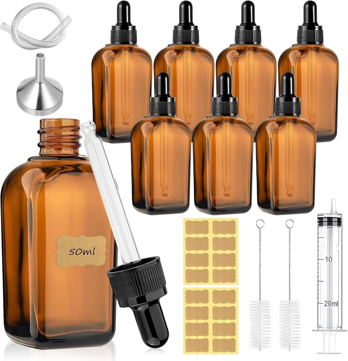 8 Stuks Amber Glazen Pipetflesjes 50ml, Apothekersfles met Pipetje Glas, Bruine Druppelflessen met Spuit Trechter Etiketten, Glazen Druppelflessen voor Etherische Oliën, Parfum, Vloeistof