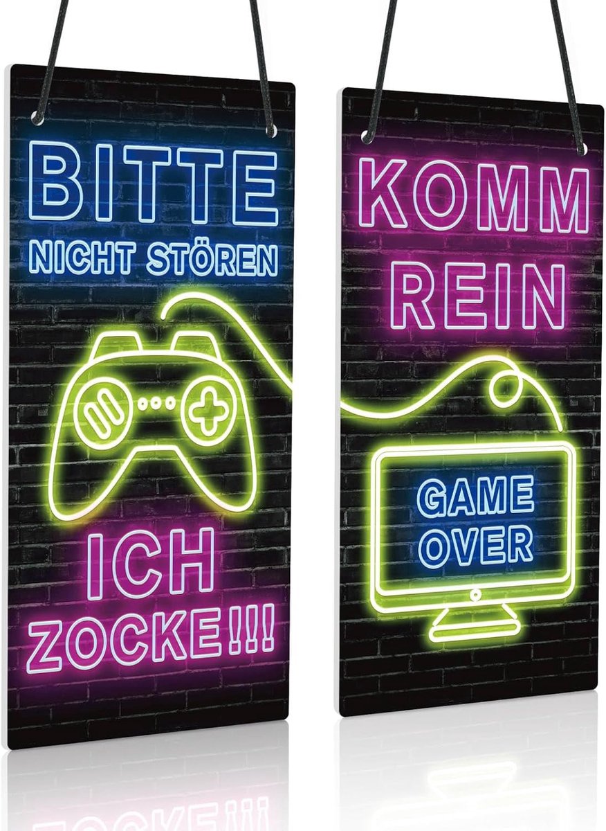 Decor PVC Gamer deurbordje Ich zocke/Komm rein – dubbelzijdig bord in neondesign voor gamerkamer of streamingruimte
