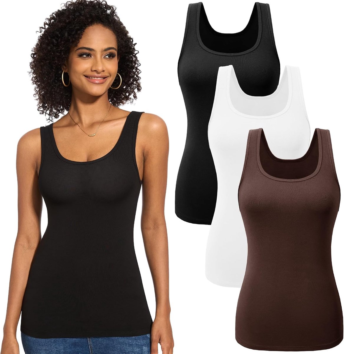 Set van 3 of 5 onderhemden voor dames, basic tanktop met U-hals, mouwloos, elastisch, slimfit, bovenstuk, effen, voor vrouwen en meisjes