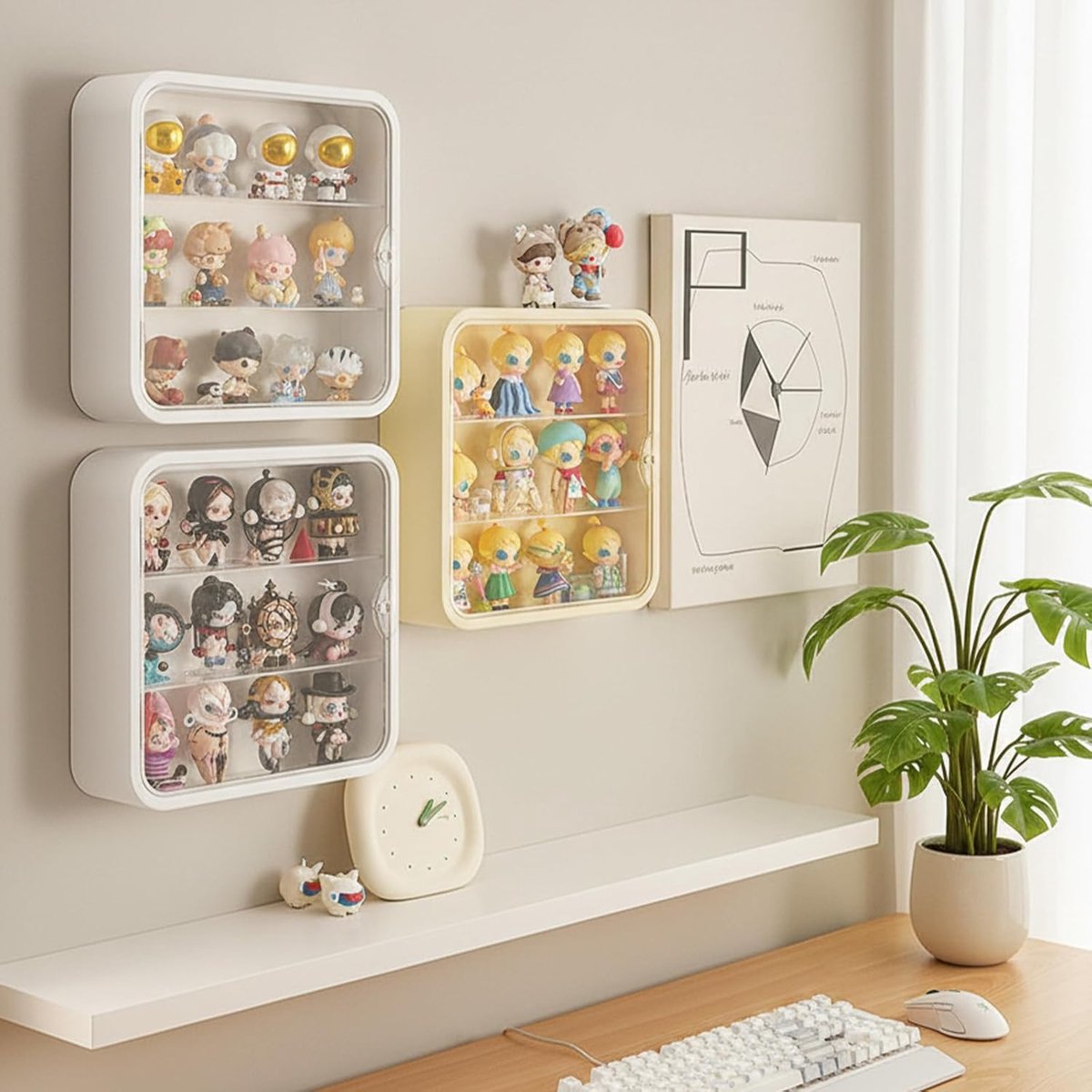 powerking 3 lagen doorzichtige vitrine voor figuren, aan de muur gemonteerde poppenopbergdoos met licht, verstelbare displaystandaard acryl displaybox met magnetische deur voor poppen, speelgoed en