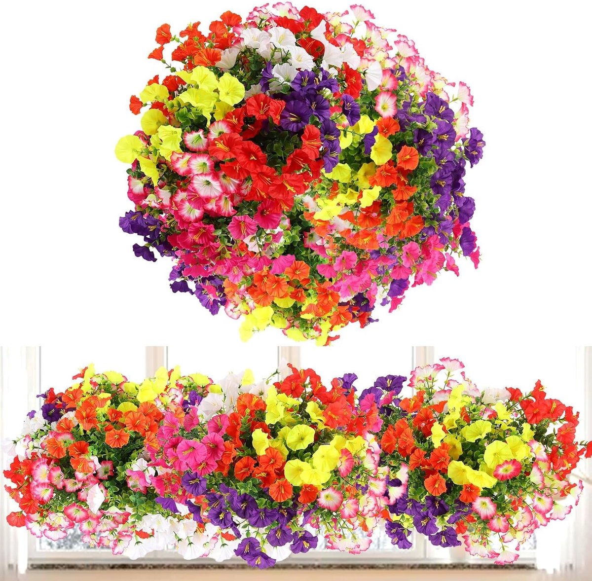 Kunstbloemen, petunia, 7 bundels, meerkleurig, 36 cm, kunstbloemen als echte kunstbloemen en kunstbalkonplanten, ideaal voor balkondecoratie, kunstbloemen voor buiten