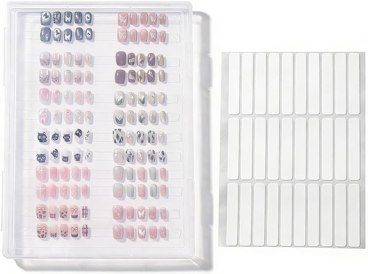 1 grote press-on nageldisplay, 100 dubbelzijdige plakbanden, nagelstandaard, nagelbox, transparante nageldoos, voor 32 valse nagelsets en nagelstudio