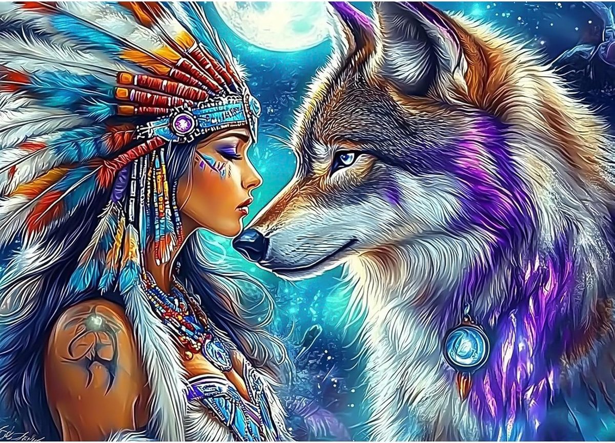 Diamond Painting afbeeldingen kit volwassenen wolf en vrouw, 30 x 40 cm diamond paintings kit, 5D DIY diamantschilderij Indiase stijl
