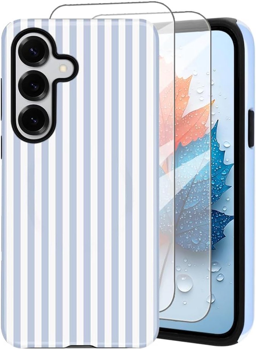 Beschermhoes voor Samsung Galaxy S25 FE 5G, beschermhoes met strepenpatroon, harde schaal met 2 displaybeschermfolies van gehard glas, zachte TPU-siliconen, schokbestendig, blauw