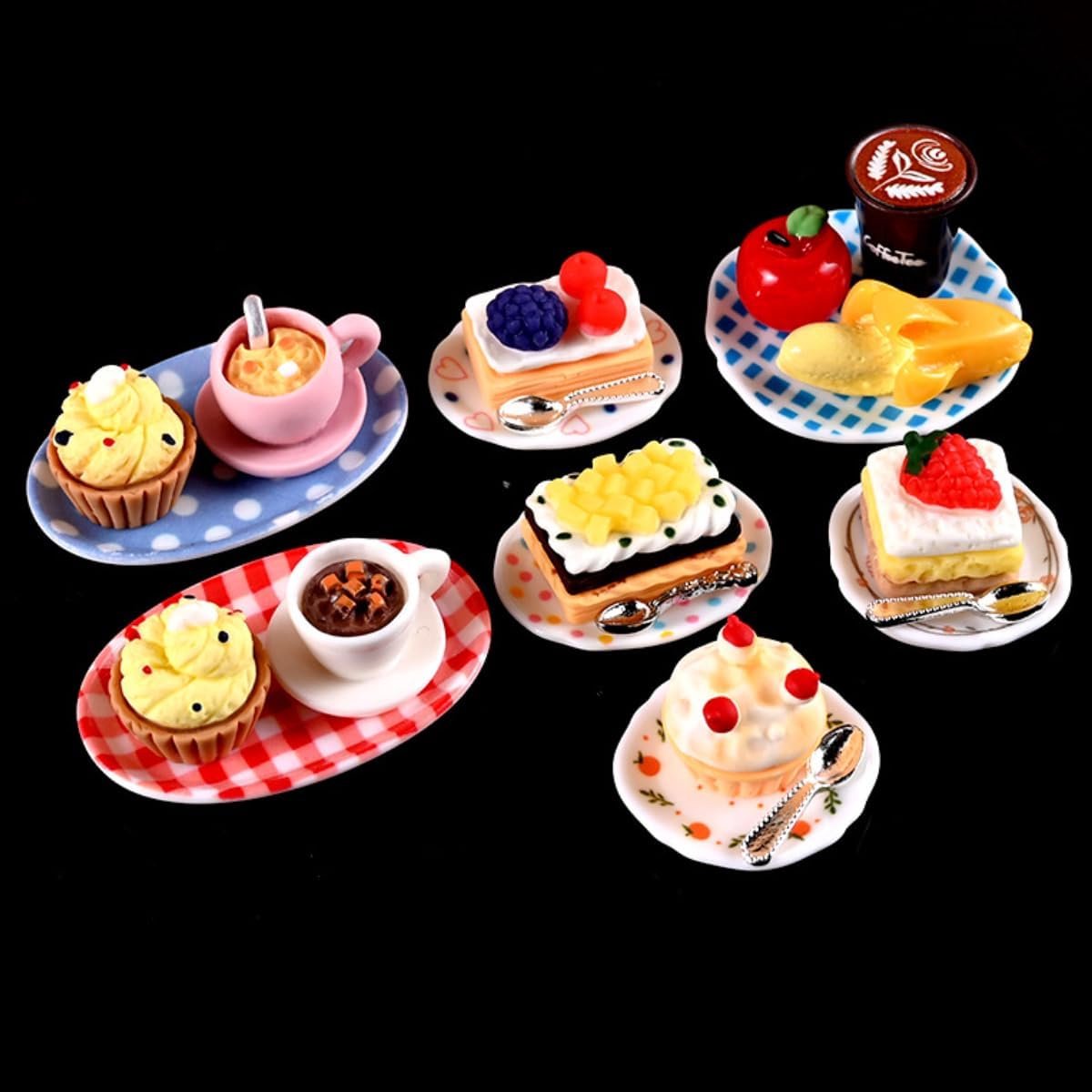 22 stuks mini-cake, koffie, fruitset met bord, lepel, miniatuur dessert, cupcakes, taart, appel, banaan, latte, mini-levensmiddelen, dranken, miniatuur, decoratie (dessertset)