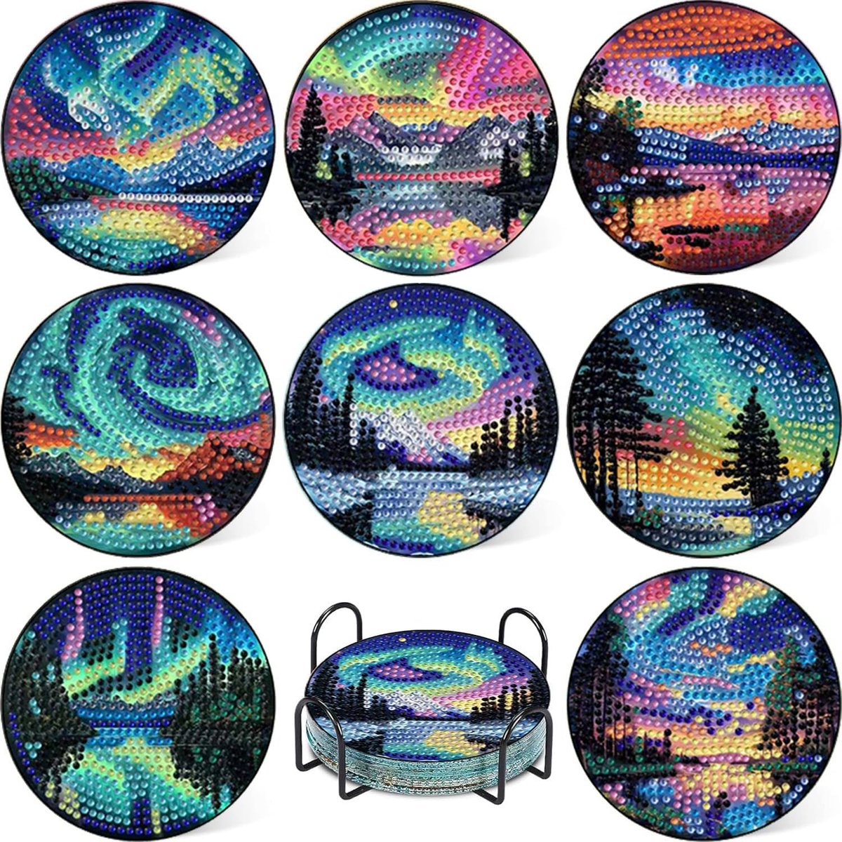 8 stuks onderzetters met houder Aurora Diamond Painting onderzetters mozaïek knutselen voor volwassenen doe-het-zelf knutselen voor woondecoratie