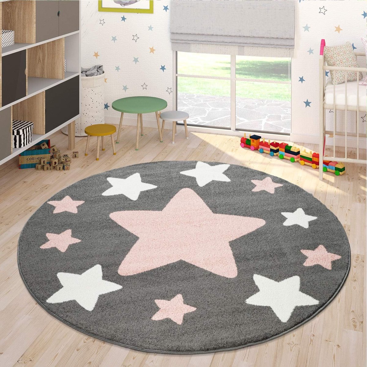 Home Vloerkleed Kinderkamer Kindervloerkleed Grote En Kleine Sterren In Grijs Roze, Maat:Ø 200 cm rondje