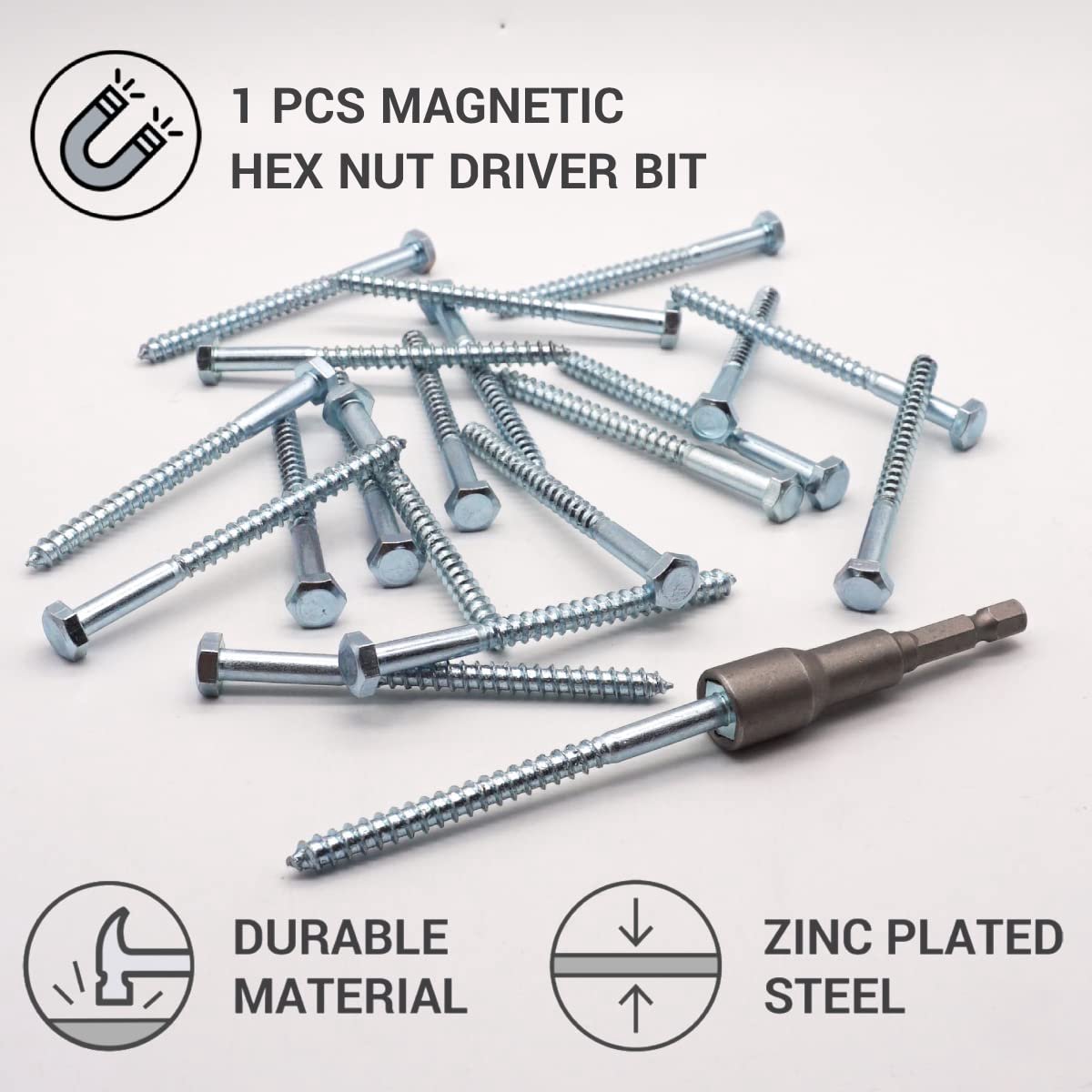 Houtschroeven van verzinkt staal M6 x 80 mm zeshoekige bodemtrekkerschroeven bodemschroeven (met magnetische zeskantbit)