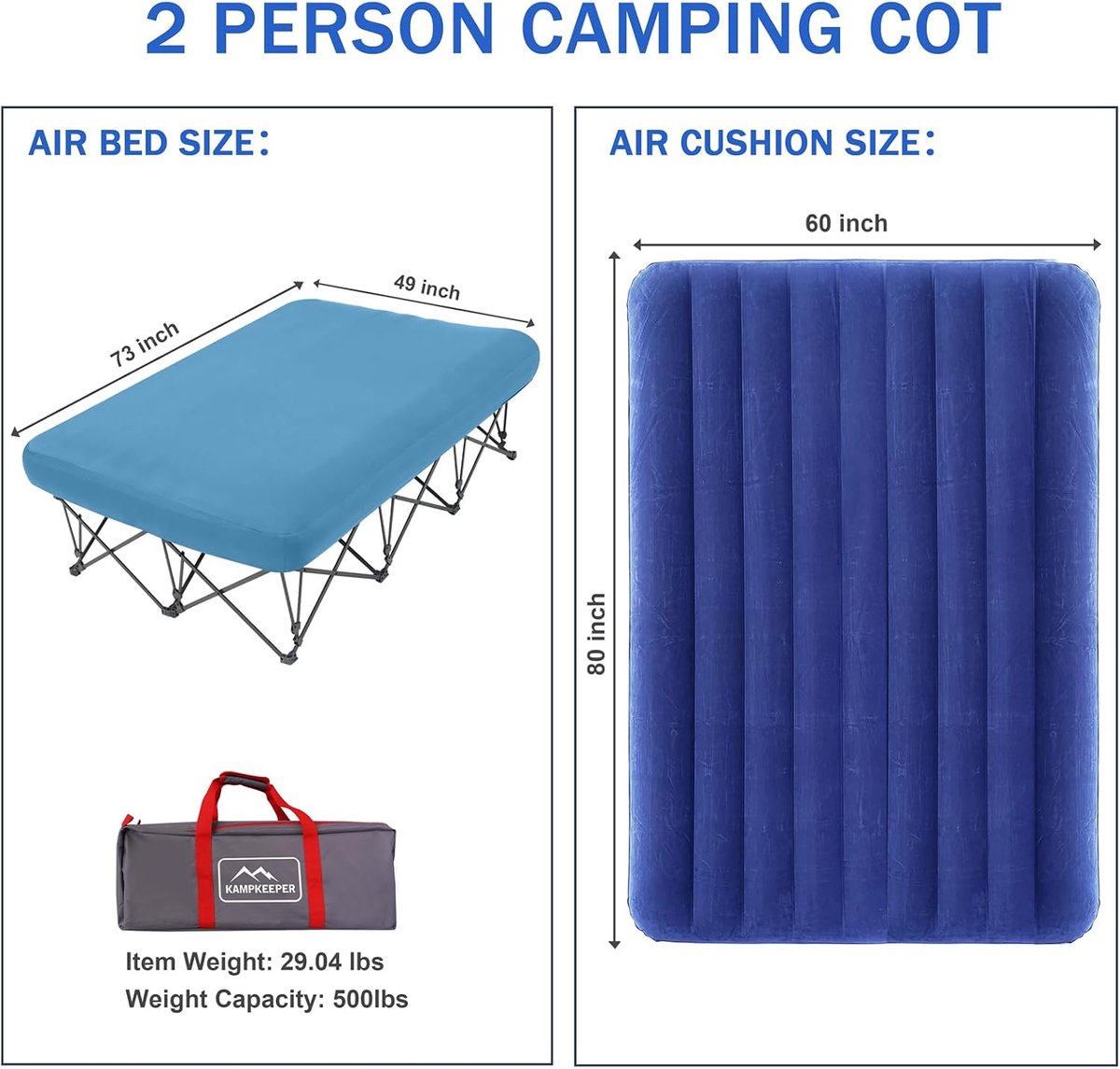 Camping Cot, Opvouwbare Camping Cot met Opblaasbare Luchtmatras en Draagtas, voor Outdoor Travel Camp Beach Vakantie, Ondersteunt 500 lbs (niet inbegrepen de Airpump) -Queen