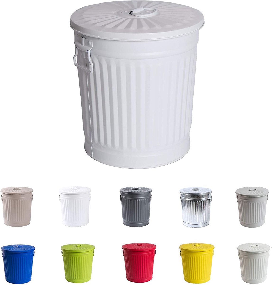 Metalen Vuilnisbak met Handvaten en Deksel | Wit | Diameter Ø 21,5 cm - Hoogte 21,5 cm | Inhoud: 7 liter