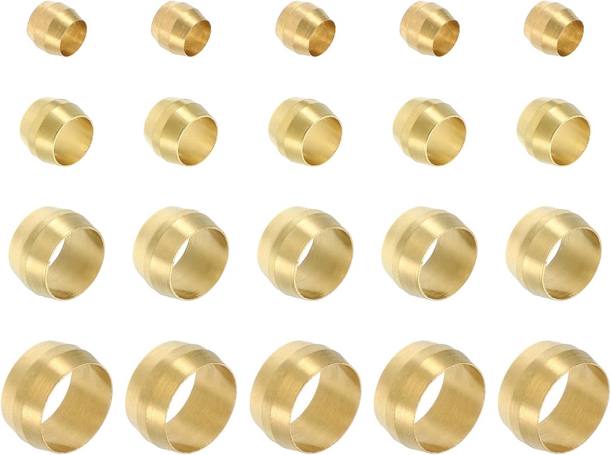 Messing Compressie Mouwen Ferrules voor 4mm/6mm/8mm/10mm OD Buis, 80 Pack Messing Ferrule Fitting Ring Assortiment Kit voor Air Water Gaspijp