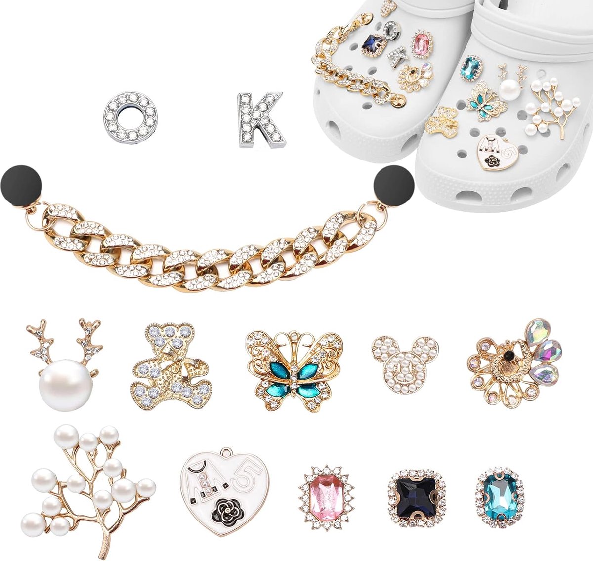 Bedels met metalen ketting voor schoenen, sieraden mode schoen decoratie bedels voor dames, Bling schoen bedels passen klomp sandalen, leuke Clog bedels voor vrouwen, feestcadeau voor meisjes, Metaal, diamant Parel Stras