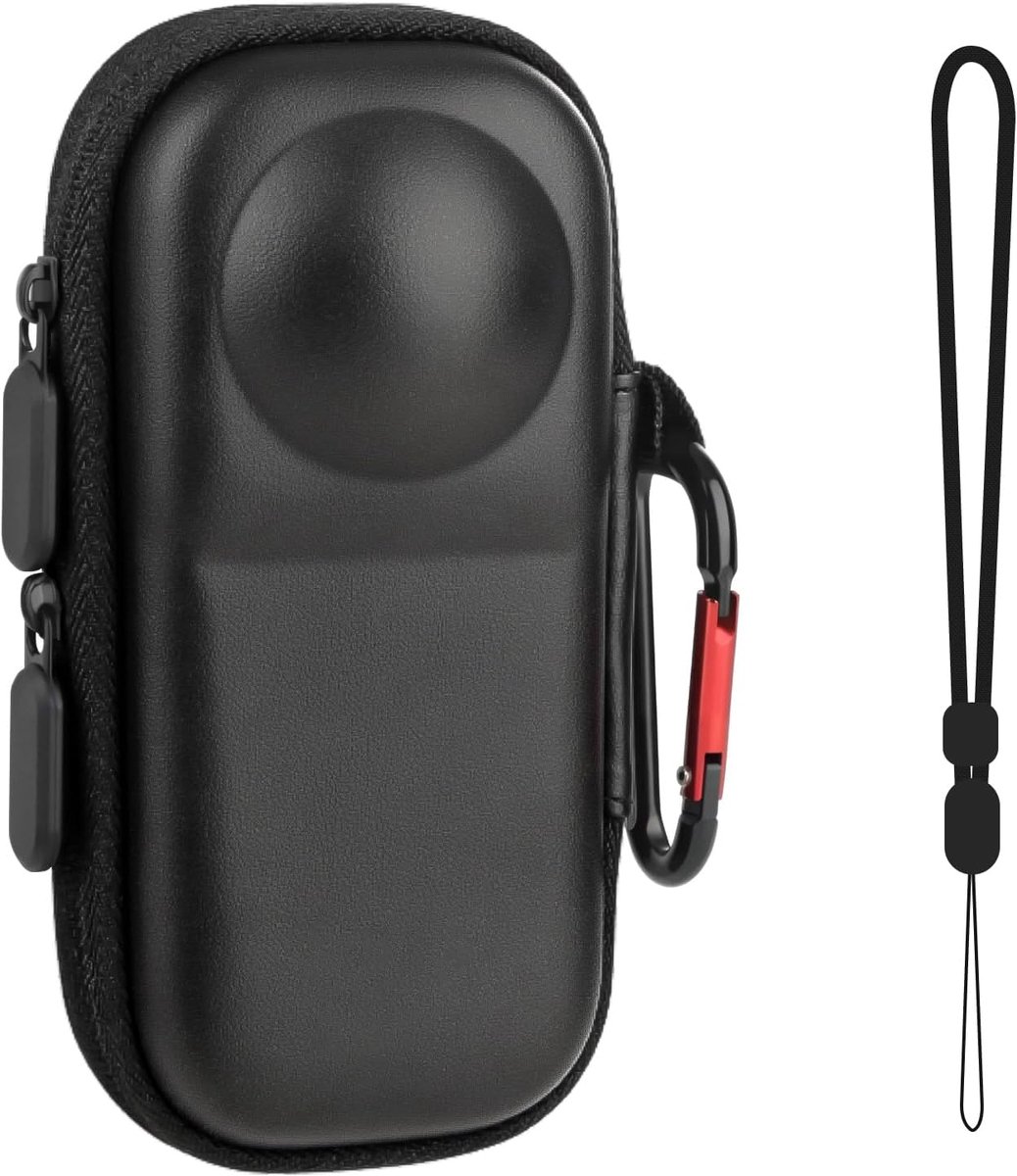 Tas voor Insta360 X4 camera, PU-harde schaal, draagtas, kleine reistas, waterafstotend, draagbare opbergtas, lensbeschermhoes met polsriem, karabijnhaak (zwart), zwart, modern