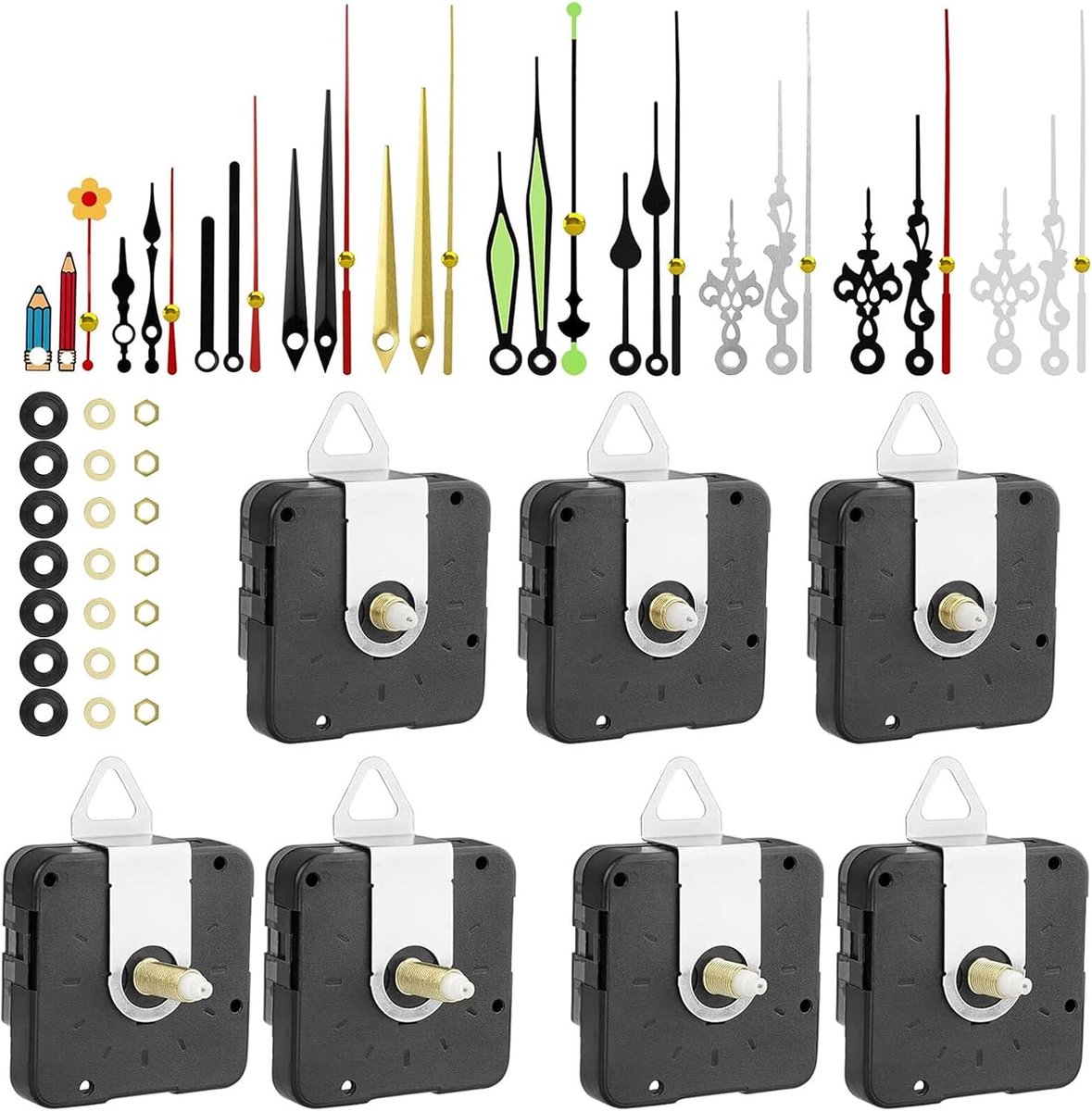 7 stuks uurwerkset, stille kwartsuurwerk-vervanging, 13 mm, 15 mm, 22 mm, lange en korte schacht, op batterijen, wandklok-mechanisme, doe-het-zelf klok, reparatieonderdelen