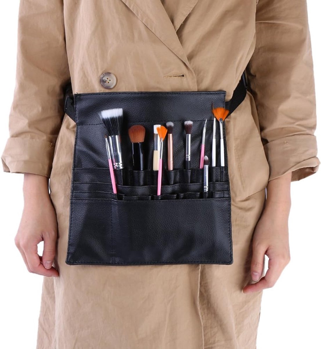 Zwarte PU Cosmetische Make-up Kwasten Houder Organisator, Heuptas Etui, Cosmetische Borsteltas