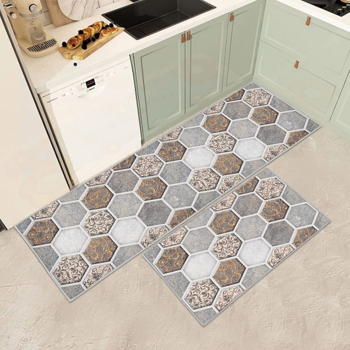 2 stuks, vintage, antislip, wasbaar, duurzaam, keukenloper, hal, anti-vermoeidheid, keukentapijt, loper voor keuken, tapijt voor badkamer, woonkamer, hal (C, 40 x 60 + 40 x 120 cm)