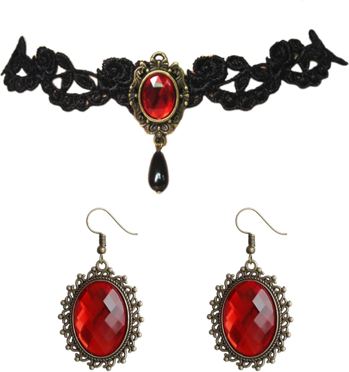 1 halsketting van kant en 1 paar oorbellen met edelstenen, gothic-sieraden, cosplay-accessoires, punk-accessoires, Eén maat