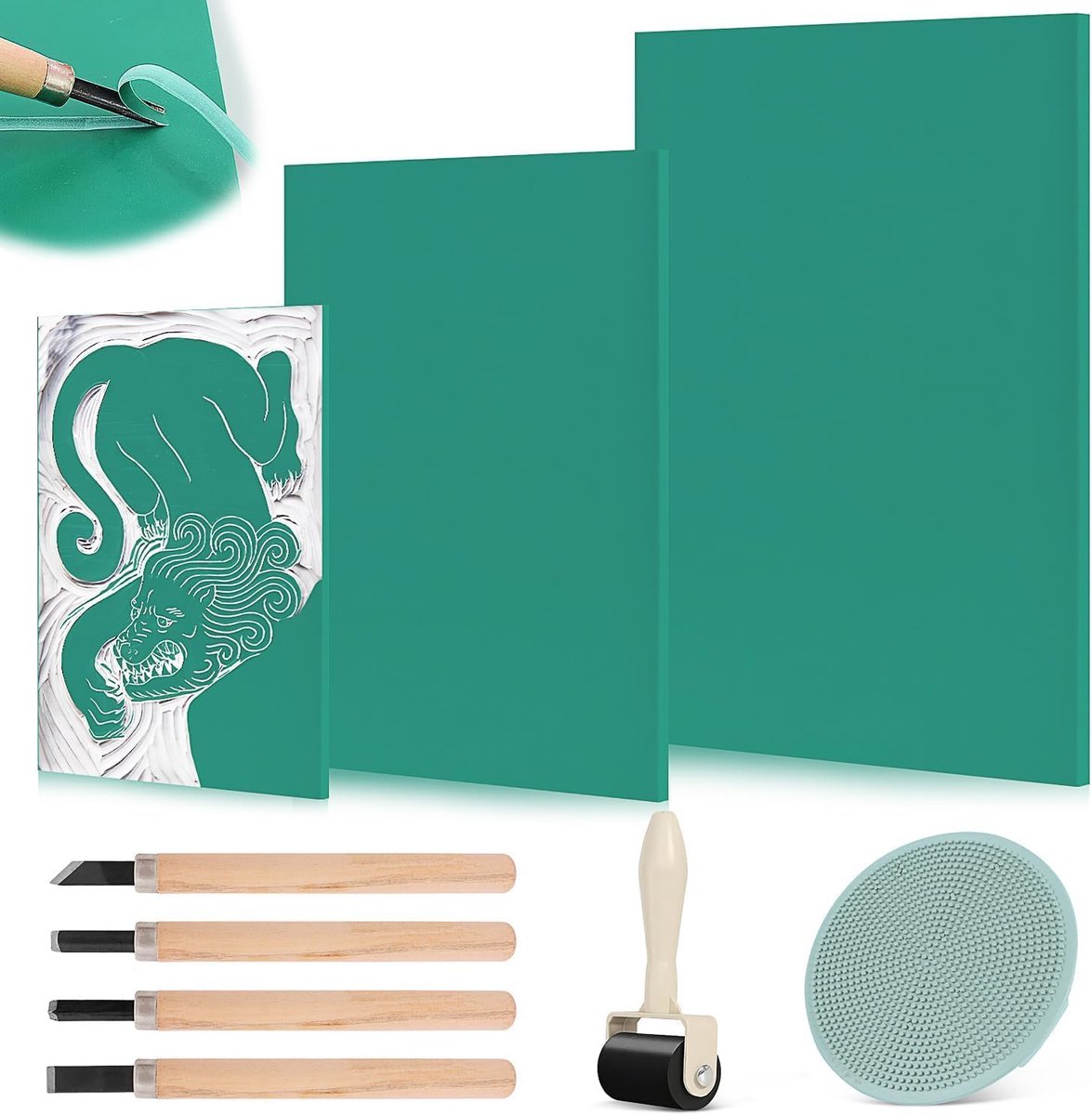 linolprintset, stempelrubber, linolsnede, 9 stuks, A4, A5, A6, rubberen stempel, snijblokken, zacht rubber, linoldrukplaat, veiligheid, nauwkeurig afdrukken voor drukgrafieken