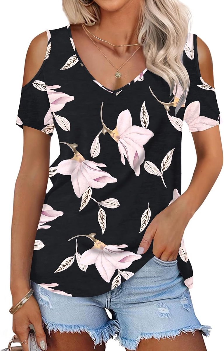 T-shirt Dames Zomertop Met Korte Mouwen En V-Hals Off-Shoulder Tops Elegant