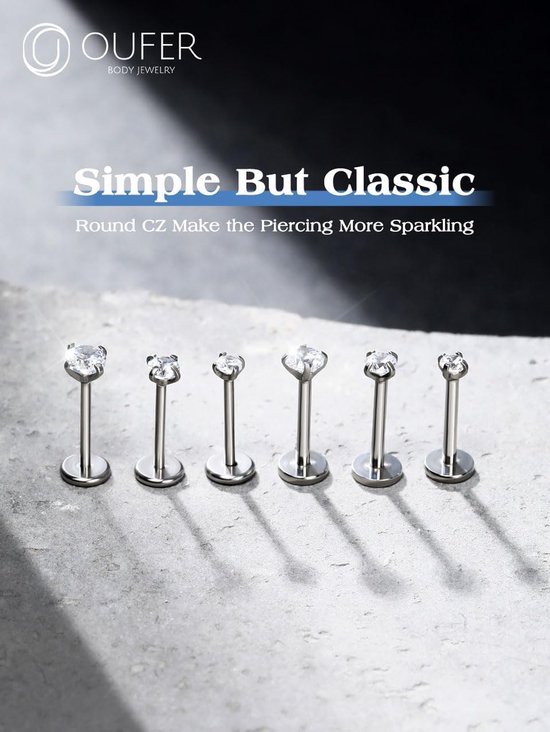 Neuspiercing 18/20 g, 3 stuks, platte achterkant, schelp, tragus, helix sieraden, zonder schroefdraad, chirurgisch staal, voor lippen, kraakbeen, CZ 6/8/10 mm — afbeelding 5