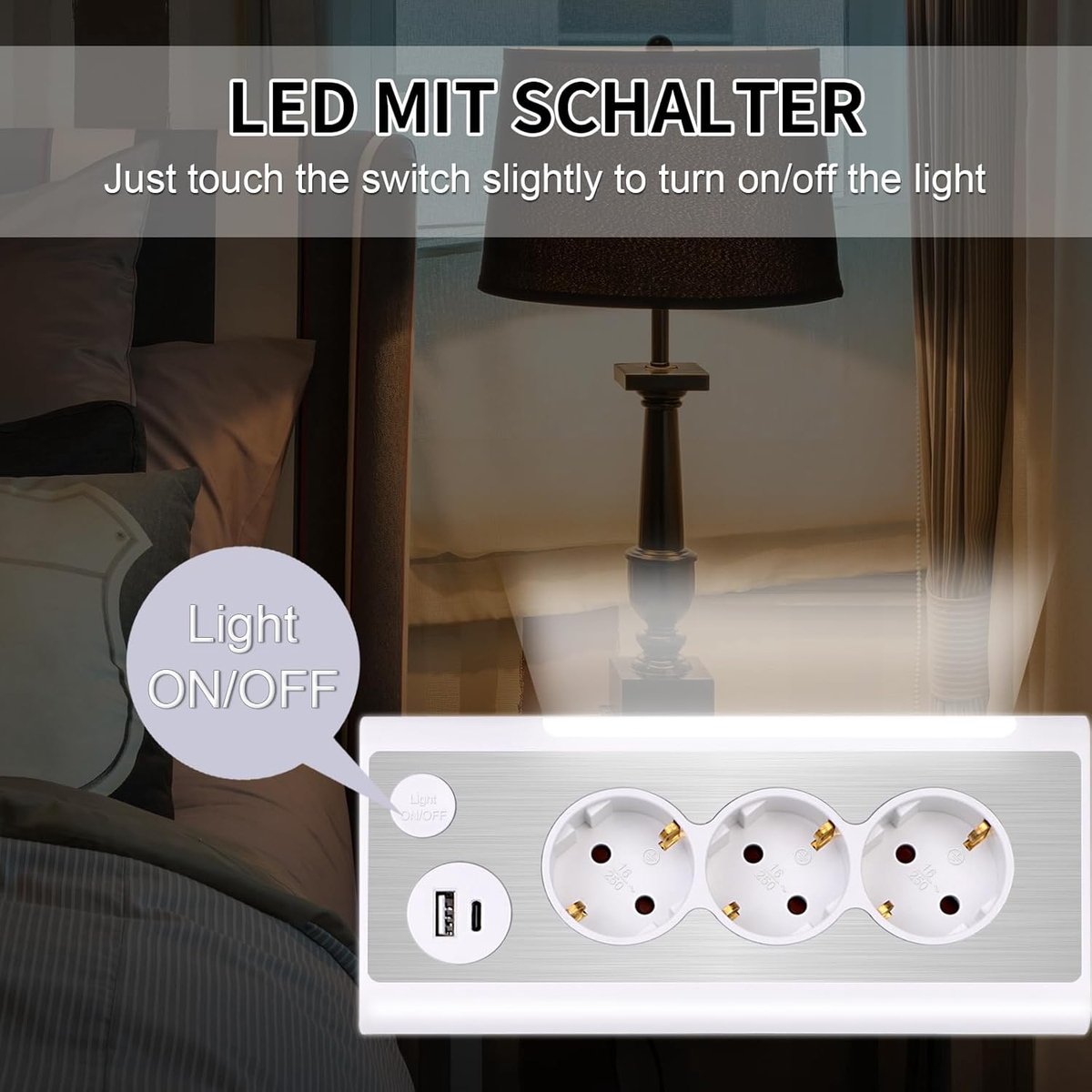 Meerkrachtstrip met USB - 3-way socket strip - Multifunctionele RVS frontplaat - Verlichting met aanraakschakelaar - SnelShoppen