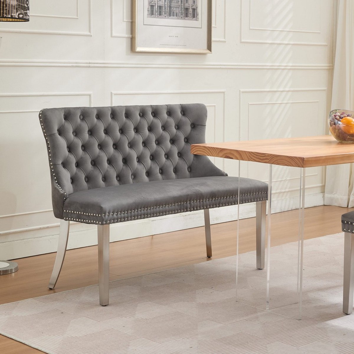 Pugsdrly Fluwelen dubbele eetbank, zitmeubel voor keuken en eetkamer, 2-zits gecapitonneerde bank met handgemaakte knopen, vleugelrug, gepolijste zilveren roestvrijstalen poten, mid-century modern, per stuk, grijs, DE1702GY