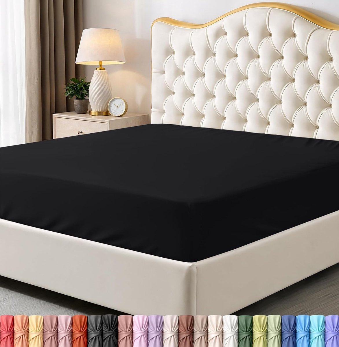 Bedding Hoeslaken, kingsize, onderlaken, ruime hoekhoogte, zachte microvezel, krimp- en vervagingsbestendig, onderhoudsvriendelijk, alleen 1 hoeslaken (zwart) (Amerikaanse maat)