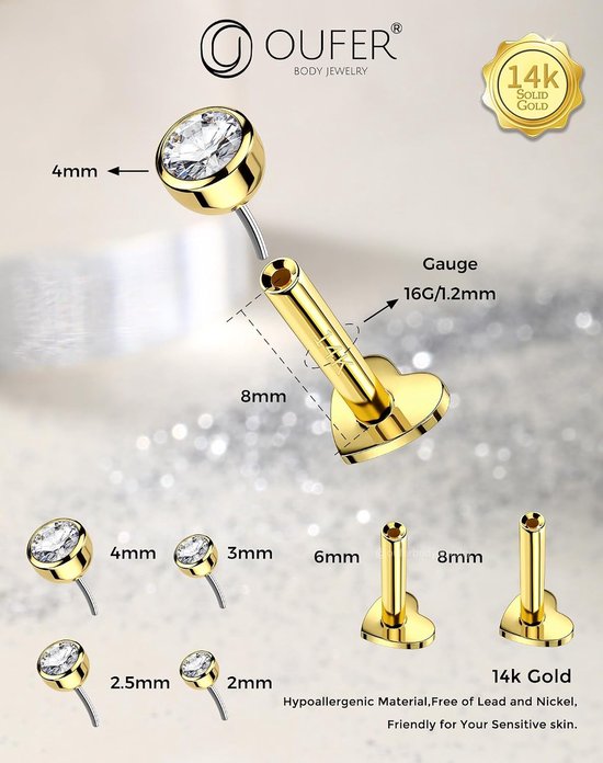 Body Piercing Threadless Labret Piercing Jewellery 14K Gold 16G Helix Earrings Push In Lip Stud Clear CZ Conch Tragus Lobe Piercing Bars — afbeelding 4