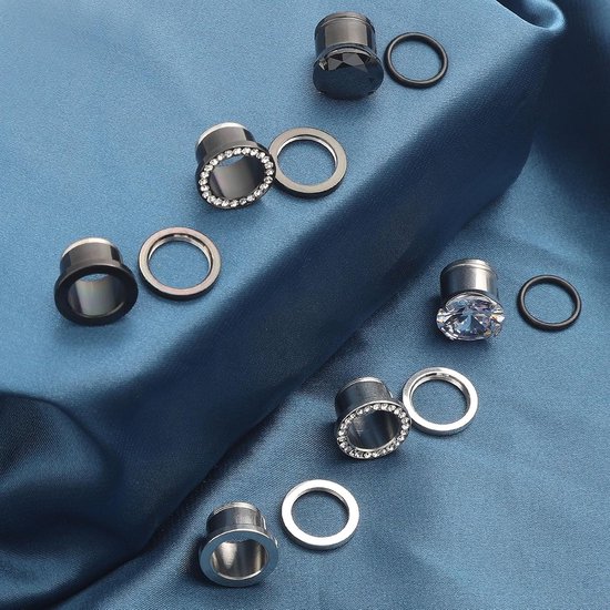 Tunnels, set van 12 roestvrij stalen oortunnels, meerkleurig, schroefsluiting met edelstenen, piercing, sieraden, 4 mm-12 mm — afbeelding 2