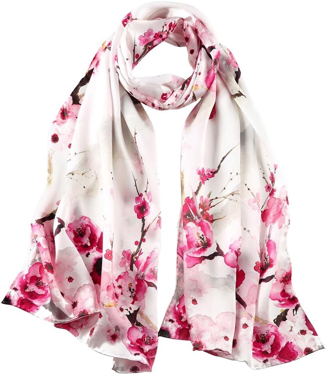 sjaal voor dames, 100% zijde, 20+ kleurrijke luxe sjaals, warm en zacht, als stola zijden doek halsdoek, 53 x 170 cm, struik pioenroos, 53 * 170 cm