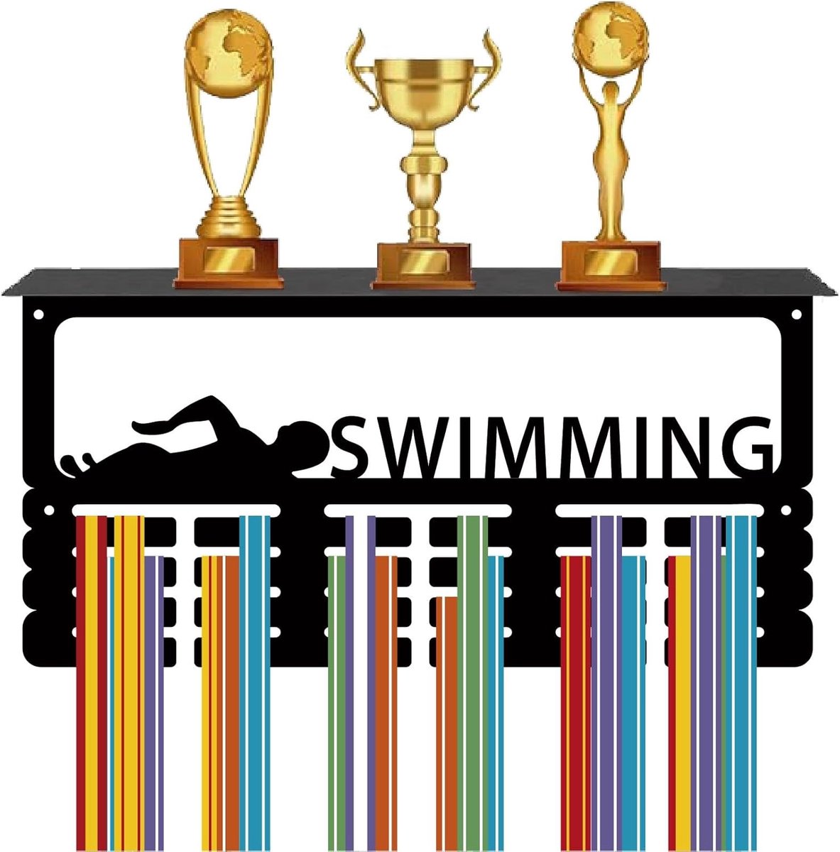 Zwemmedaille houder trofee plank medaille hanger display met plank standaard sport 4 rijen wandmontage houdt 70+ medailles voor vrouwen gymnastiek hardlopen zwemmen prijzen rek 39,9 x 20,1