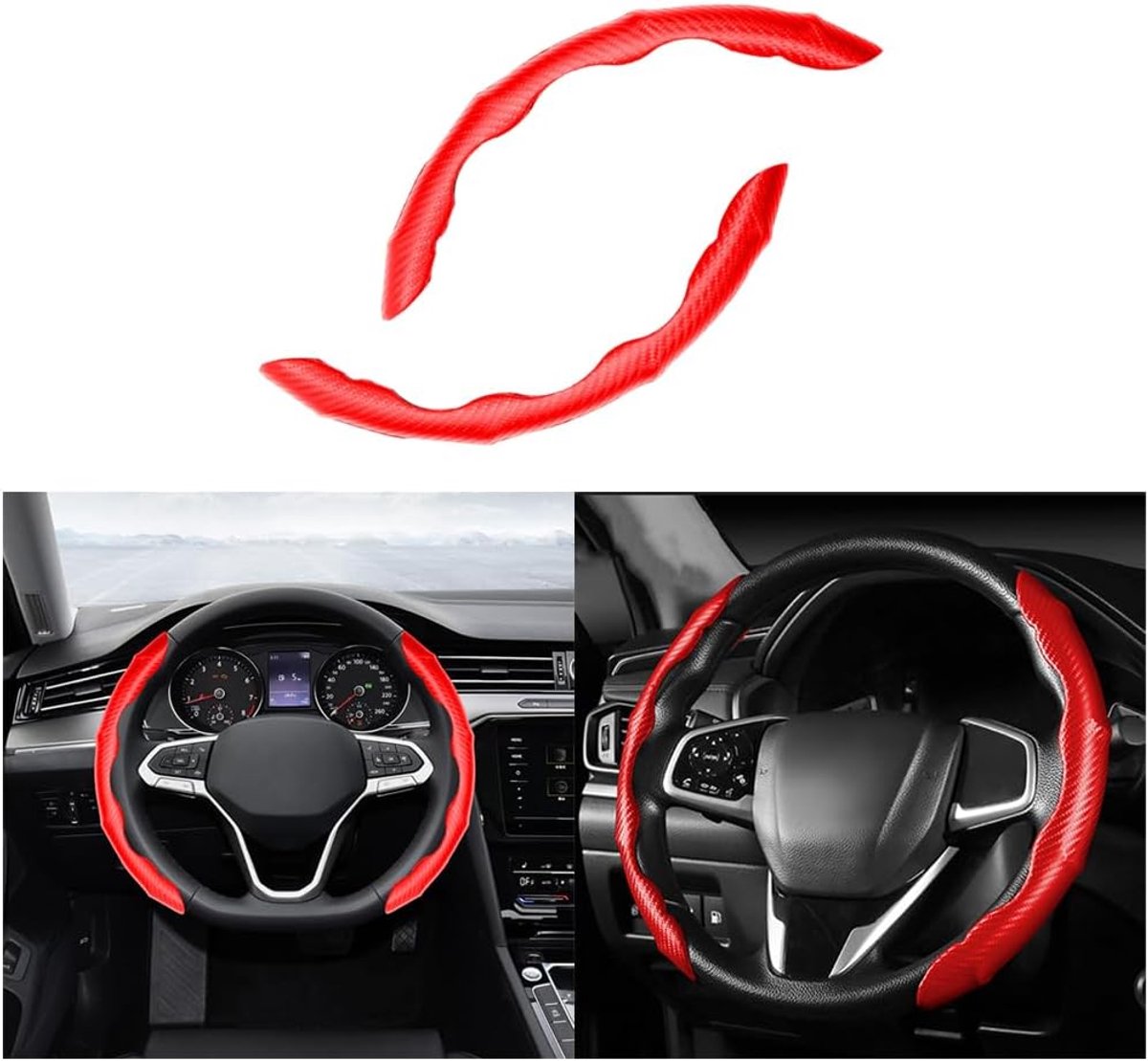 Stuurhoes voor de auto, antislip, ademend, segment-stuurhoes voor interieur, universele koolstofvezel stuurhoes voor auto, bestelwagen, vrachtwagen, vrachtwagen, vrachtwagen, 2 stuks, rood