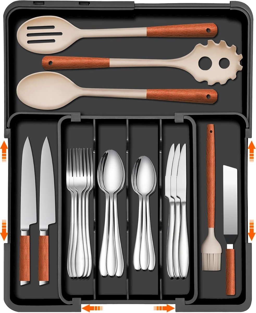 Bestek Lade Organisator, Uitbreidbare Bestekbak met Verwijderbaar Messenblok, Bestekbak voor Laden, Zilverwerk Organizer, Verstelbare Besteklade, Organizer voor Keuken (Zwart-X)