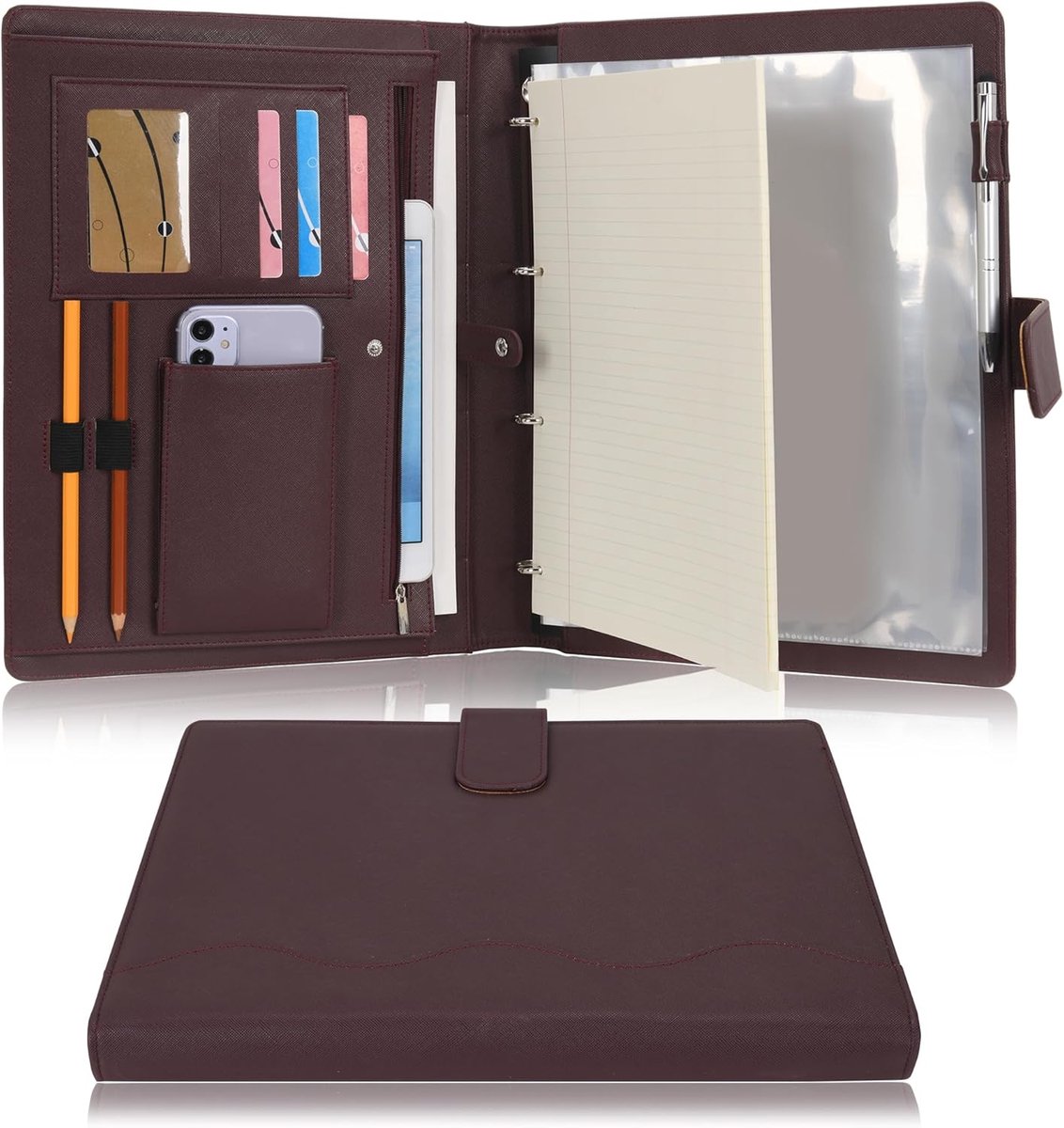 A4 PU Lederen Schrijfportfolio met 4 Ringhouder en Afneembaar Bindklembord, Multifunctionele Documententas met Vakken voor Organisatie voor Kantoor, Reizen en School (Bruin)
