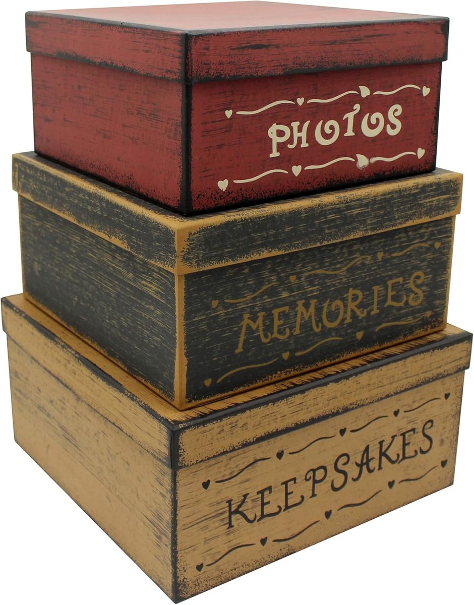 Primitieve Vintage Square Foto's, herinneringen, Keepsakes karton Nesting Boxen. 3 stuks.