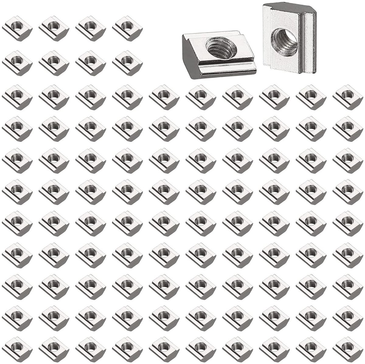 Gleufblokken, 100 stuks, type B schuifmoeren, T-moer, hamermoer 6 M5, koolstofstaal, bevestigingsmoer voor geëxtrudeerd aluminium met gleuf, 20-serie