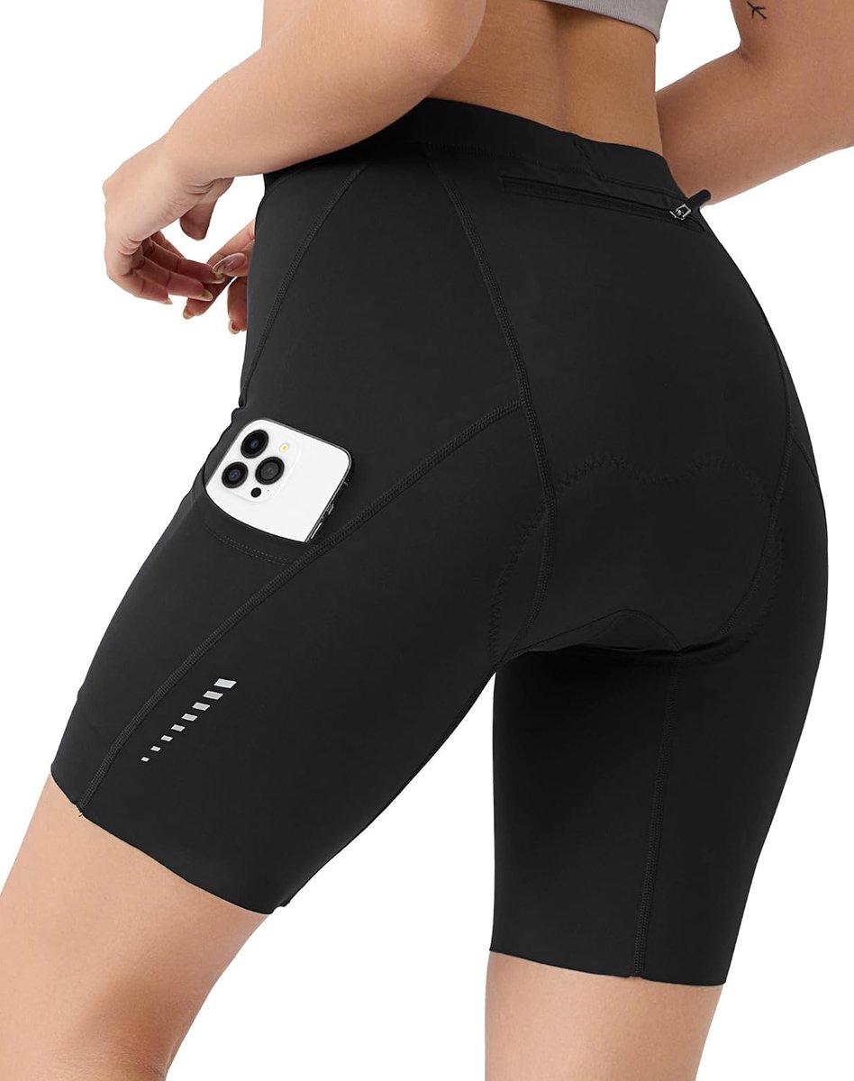 Fietsbroek voor dames, gevoerde 6D met zakken, sneldrogende fietsbroek voor dames, elastische fietsbroek voor dames, korte ademende fietsbroek met brede en dichte voering, pijnvrij
