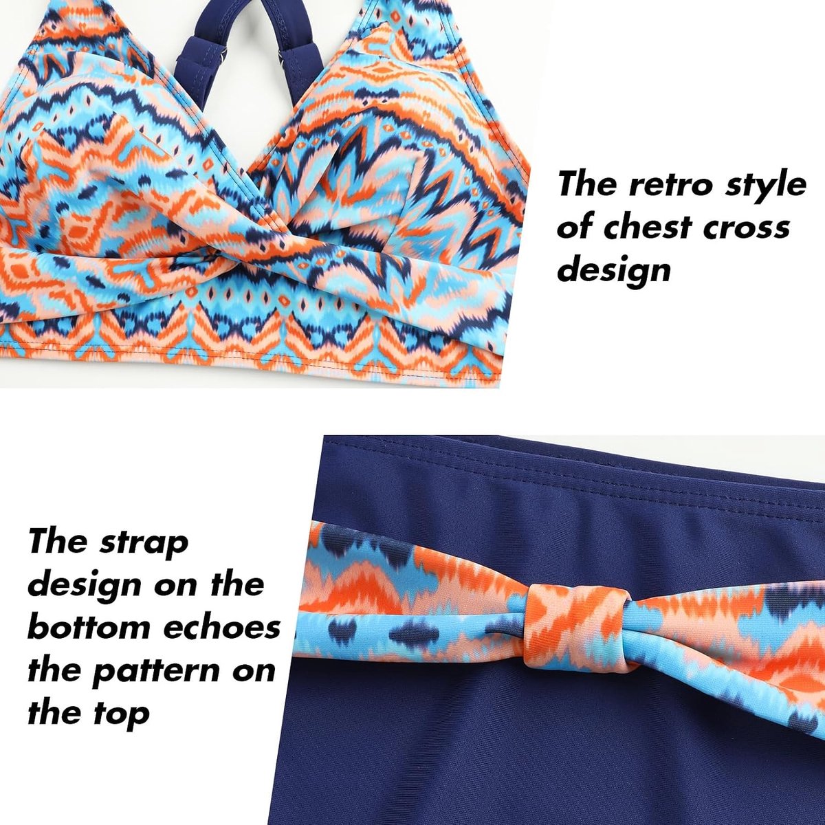 Tweedelige damesbadpakken, bikini met gekruiste top, hoog getailleerde bodem, badpakken voor buikversteviging, badmode met vintage motief
