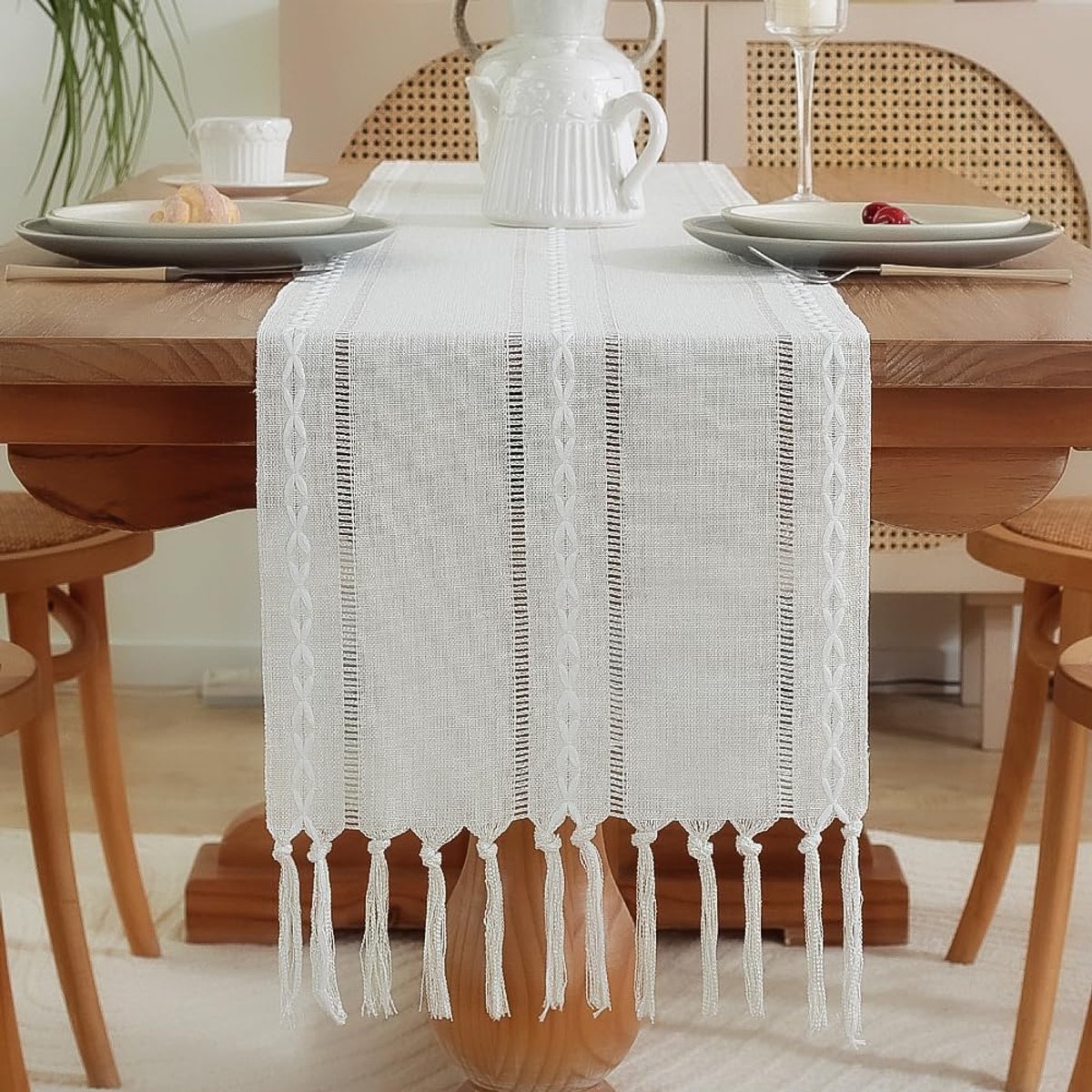 meioro Moderne tafelloper, tafelkleed 33 x 143 cm met kwastjes, handgemaakte vintage strepen, tafeldecoratie voor binnen en buiten, keuken, lunch, huis, feest (wit)