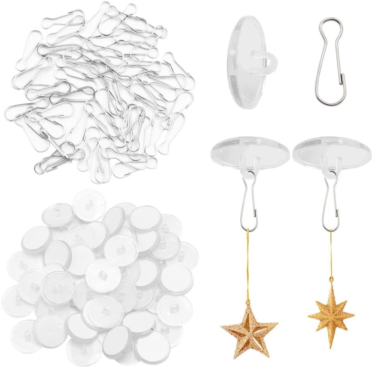 50 stuks plafondhaken, zelfklevend, klein, transparant, kleefhaken en 50 stuks vlaggenmastclips, zonder boren, plafondhaken, kleefknopen met oogje, voor keuken, badkamer, muur, deur, plafond,