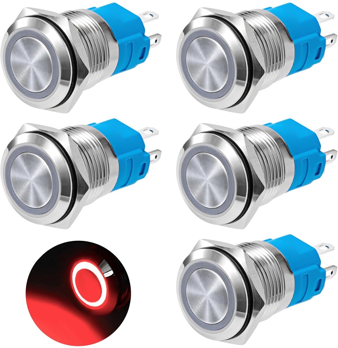 Drukknop, momenteel, 16 mm, drukknopschakelaar, 12 V/24 V, DC 3 A, waterdicht, drukknopschakelaar van verchroomd messing, met ledlicht, ring, rood, 5 stuks